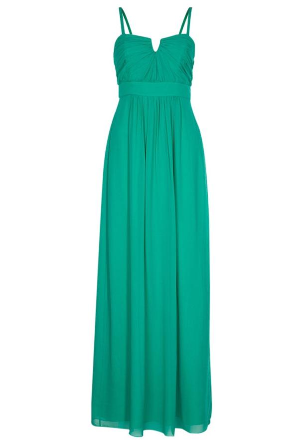 Ein langes, grünes Abendkleid mit Spaghettiträgern.