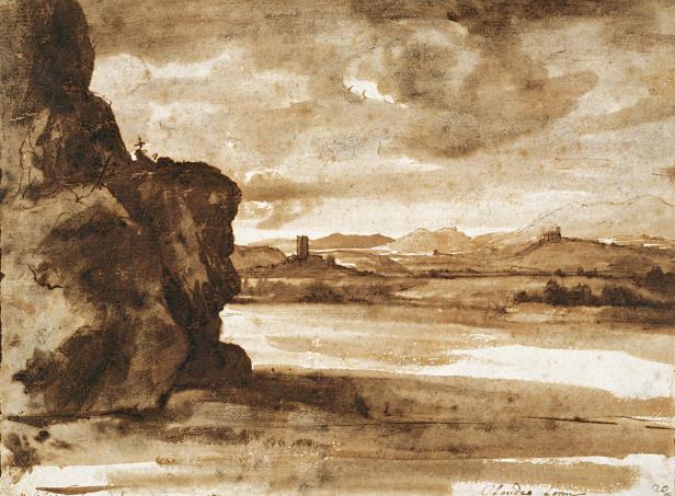 Eine Sepia-Zeichnung einer Landschaft mit einem Fluss und einer Burgruine im Hintergrund.