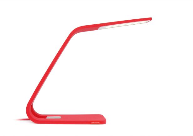 Eine rote Schreibtischlampe mit LED-Beleuchtung vor einem weißen Hintergrund.