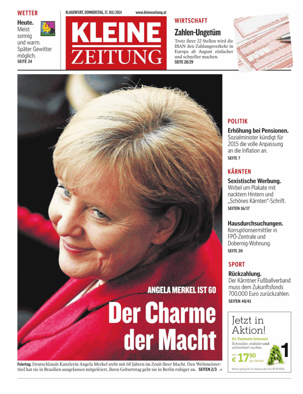 Angela Merkel auf der Titelseite der Kleinen Zeitung zu ihrem 60. Geburtstag.