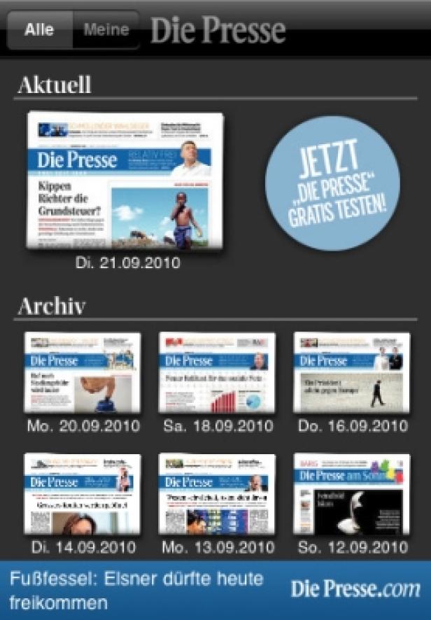 Screenshot der „Die Presse“-App mit aktuellen und archivierten Ausgaben.