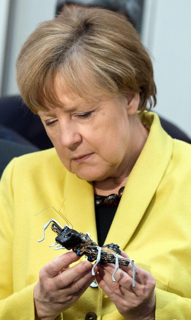 Angela Merkel betrachtet eine Roboter-Ameise.