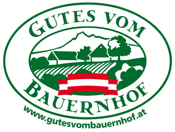 Das Logo von „Gutes vom Bauernhof“ zeigt eine stilisierte Landschaft mit Bauernhof und österreichischer Flagge.
