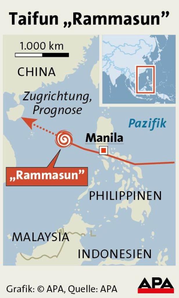 Eine Karte, die den Verlauf des Taifuns „Rammasun“ über China und die Philippinen zeigt.