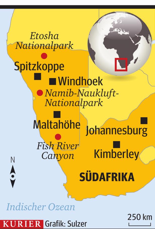 Eine Karte von Namibia und Südafrika mit Städten wie Windhoek und Johannesburg sowie dem Etosha Nationalpark.