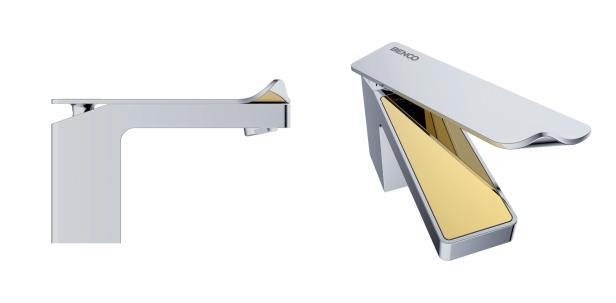 Zwei moderne Wasserhähne der Marke Benco in Silber und Gold auf weißem Hintergrund.