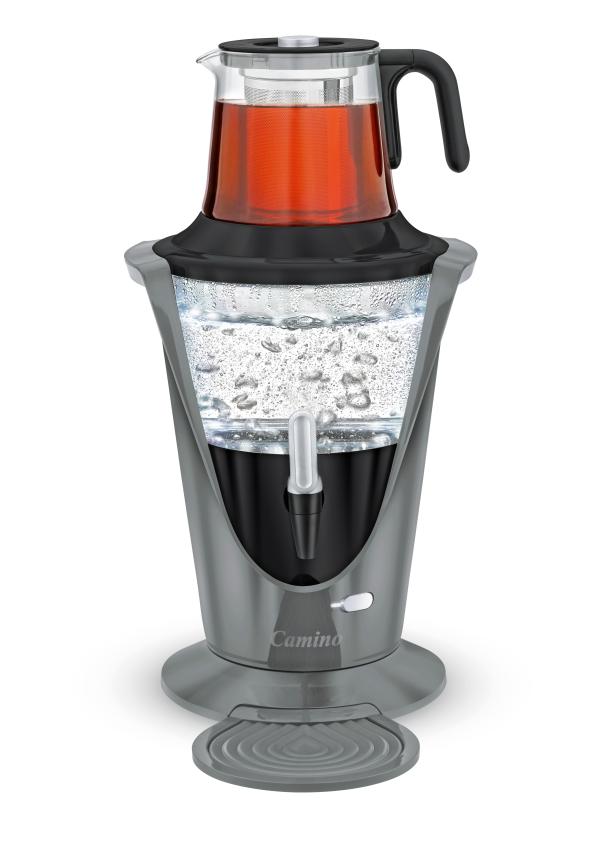 Ein Camino-Teespender mit heißem Wasser und einem Glaskrug mit Tee oben drauf.