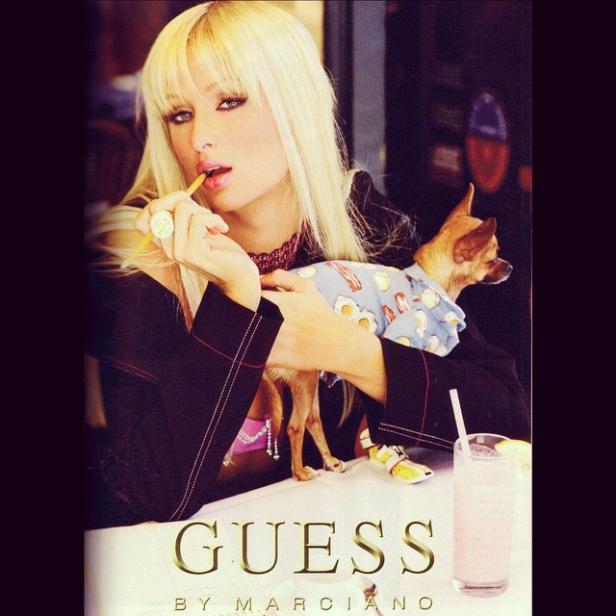 Paris Hilton posiert mit einem Chihuahua für eine „Guess“-Kampagne.