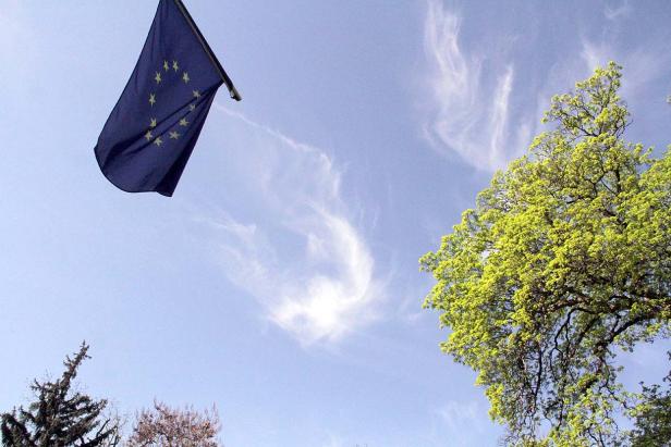 Die Europaflagge weht vor einem hellblauen Himmel mit Wolken und Bäumen.