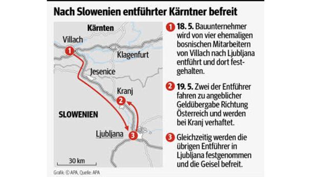 Eine Karte zeigt den Weg eines entführten Kärntners von Villach nach Ljubljana und die anschließende Befreiung.