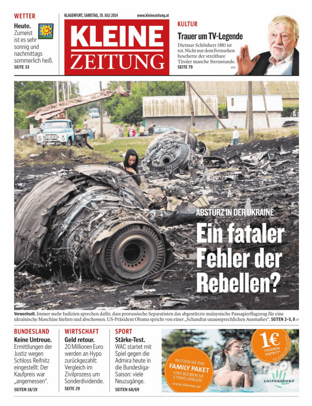 Titelseite der Kleinen Zeitung vom 19. Juli 2014 mit dem Titel „Absturz in der Ukraine“ und einem Foto der Absturzstelle.