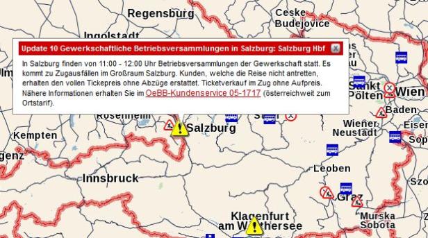 Eine Karte, die Zugausfälle im Großraum Salzburg aufgrund von Gewerkschaftsversammlungen zeigt.
