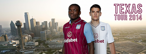 Zwei Fußballspieler vor der Skyline von Dallas, Texas, im Rahmen der „Texas Tour 2014“.