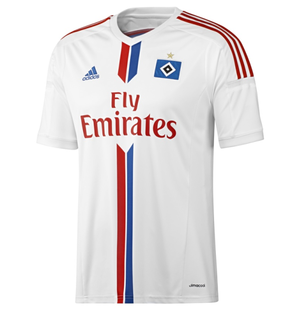Ein weißes Fußballtrikot des Hamburger SV mit dem Sponsorenlogo von Fly Emirates.