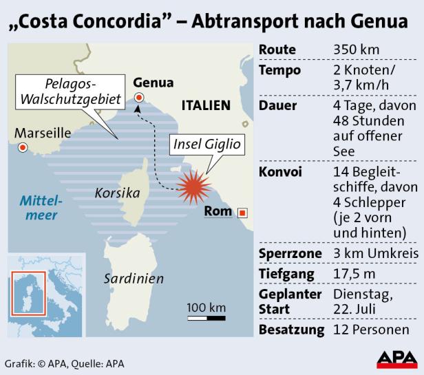 Eine Karte zeigt die Route des Abtransports der „Costa Concordia“ nach Genua.