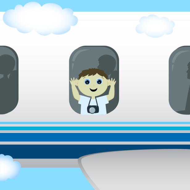 Ein Cartoon-Junge mit Kamera winkt aus einem Flugzeugfenster.