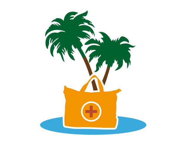 Eine gelbe Tasche mit einem medizinischen Kreuz steht vor Palmen auf einer blauen Fläche.