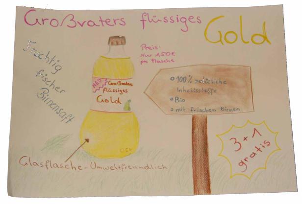 Eine handgezeichnete Werbung für „Großvaters flüssiges Gold“, einen Birnensaft in einer Glasflasche.