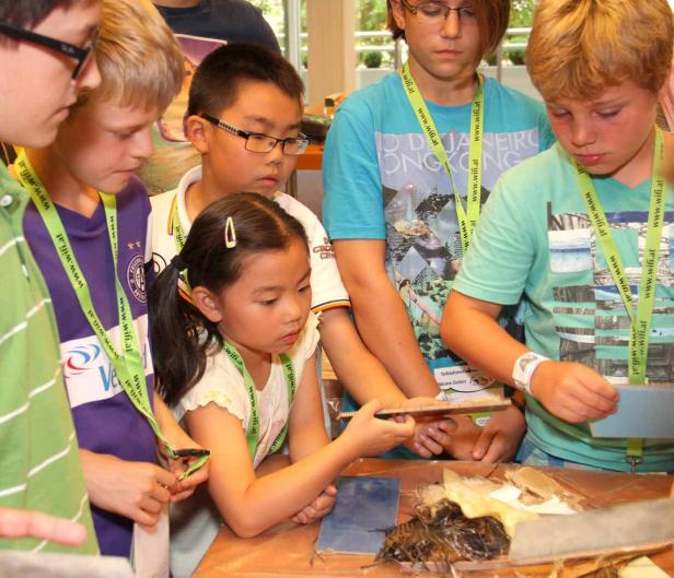 Eine Gruppe Kinder betrachtet und untersucht verschiedene Materialien auf einem Tisch.