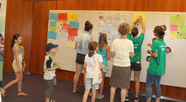 Eine Gruppe von Kindern und Erwachsenen steht vor einer Pinnwand mit Notizen und einer Karte.