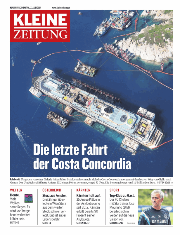 Luftaufnahme der havarierten „Costa Concordia“ nahe der Insel Giglio.