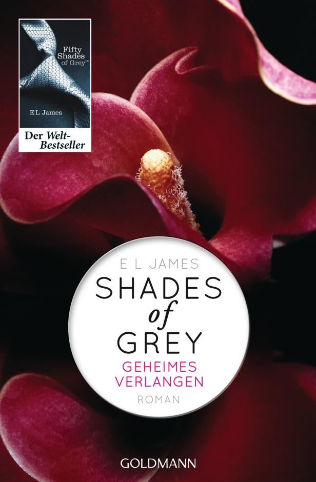 Das Cover des Buches „Shades of Grey: Geheimes Verlangen“ von E.L. James vor einer roten Blüte.