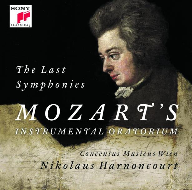 Das Cover der CD „The Last Symphonies: Mozart’s Instrumental Oratorium“ mit einem Porträt von Mozart.