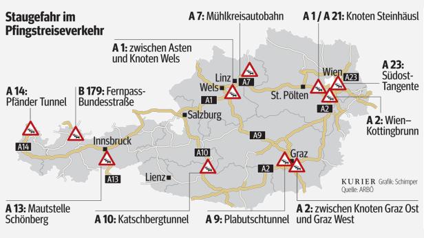 Eine Karte von Österreich, die Staupunkte im Pfingstreiseverkehr zeigt.