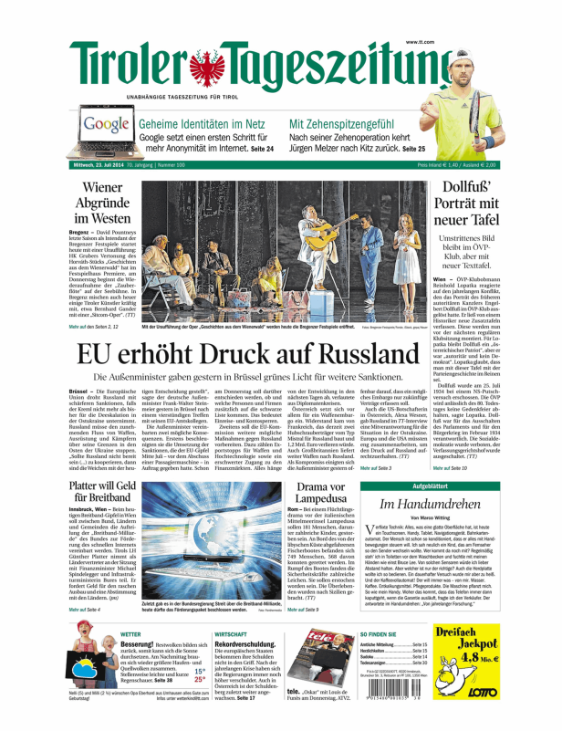 Titelseite der Tiroler Tageszeitung vom 23. Juli 2014.