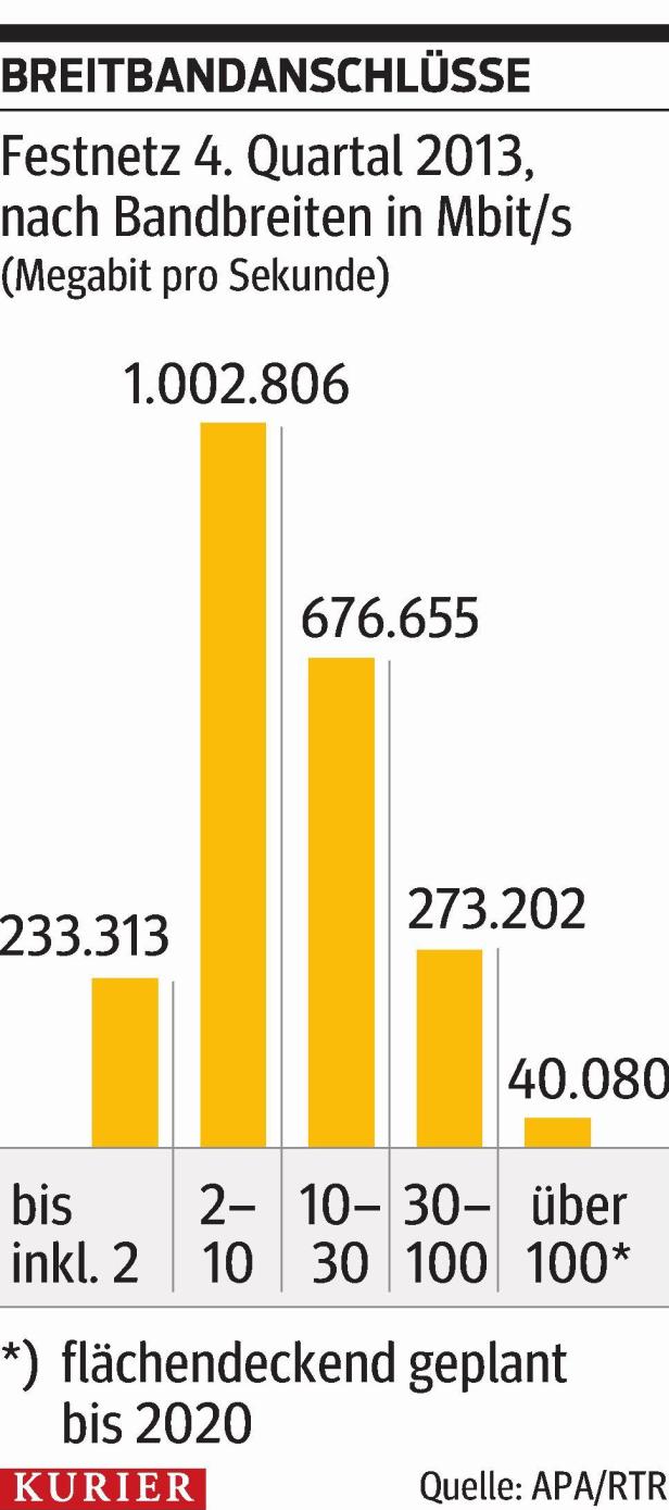 Ein Balkendiagramm zeigt die Breitbandanschlüsse im Festnetz im 4. Quartal 2013 nach Bandbreite.