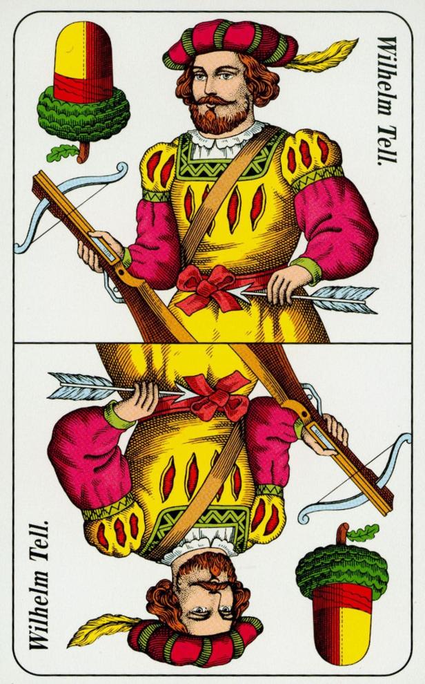 Eine Spielkarte zeigt Wilhelm Tell mit Armbrust, dargestellt in traditioneller Tracht.