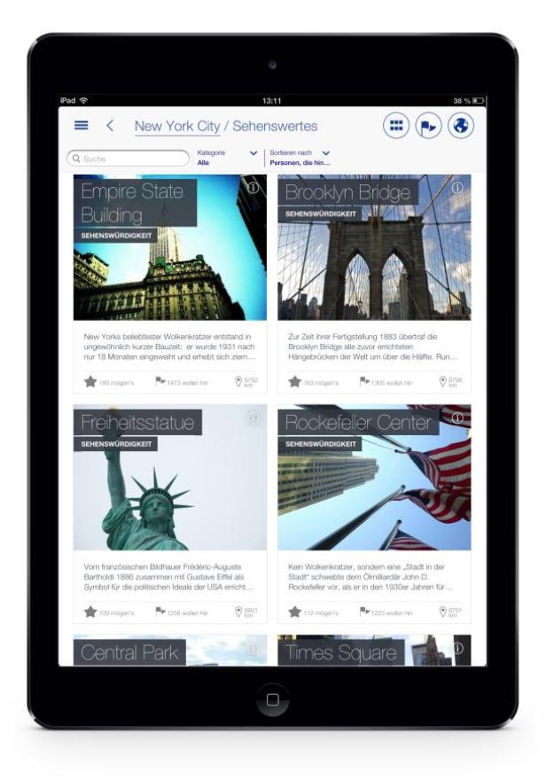 Ein iPad zeigt eine App mit Sehenswürdigkeiten in New York City, darunter Empire State Building und Brooklyn Bridge.
