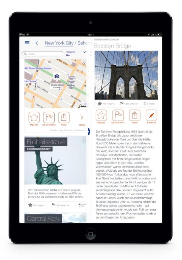 Ein iPad zeigt eine App mit Informationen zu Sehenswürdigkeiten in New York City, darunter die Brooklyn Bridge und die Freiheitsstatue.