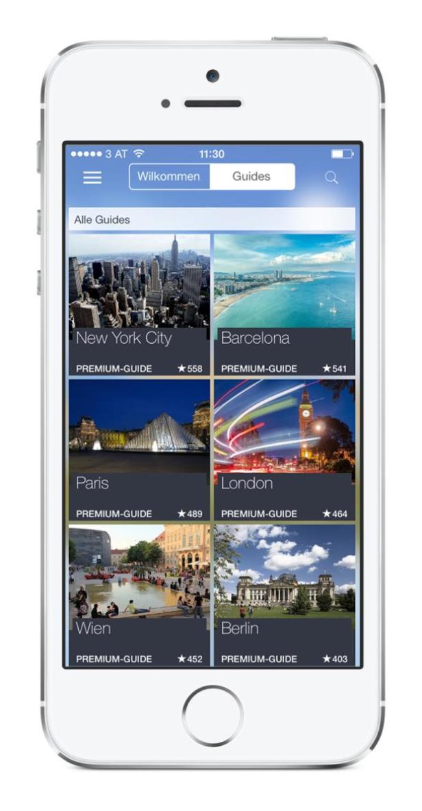 Ein iPhone-Bildschirm zeigt eine App mit Reiseführern für verschiedene Städte wie New York, Barcelona, Paris, London, Wien und Berlin.