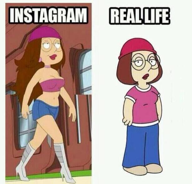 Ein Vergleich von Meg Griffin auf Instagram und im realen Leben.