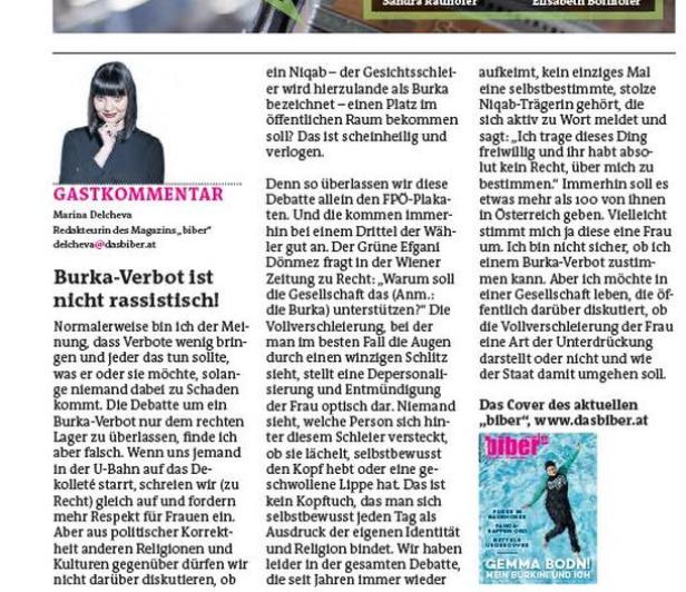 Ein Zeitungsartikel mit einem Kommentar zum Thema Burka-Verbot.
