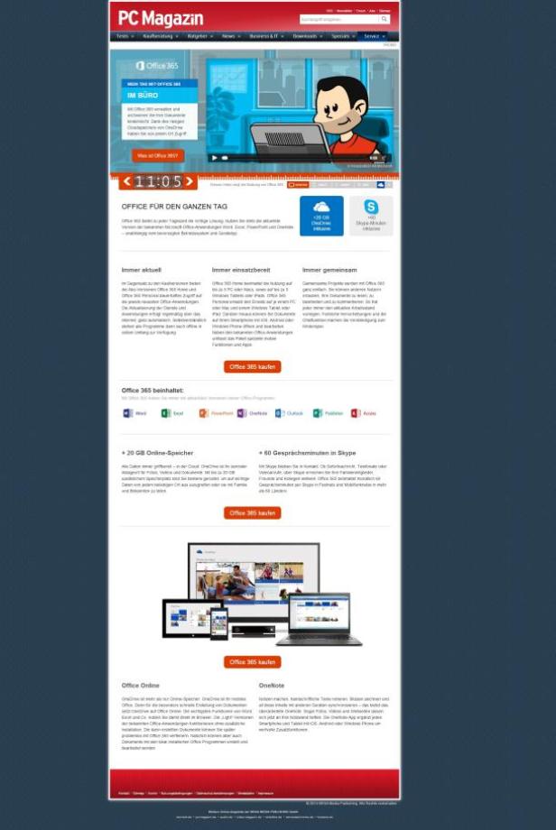 Die Webseite des PC Magazins wirbt für Microsoft Office 365.