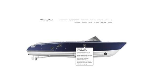 Eine dunkelblaue Frauscher Motoryacht auf dem Wasser.