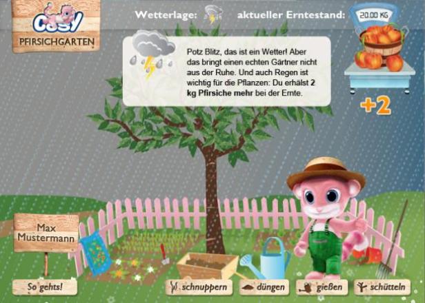 Ein Cartoon-Garten mit einem Pfirsichbaum, einem Gärtner und verschiedenen Gartengeräten im Regen.