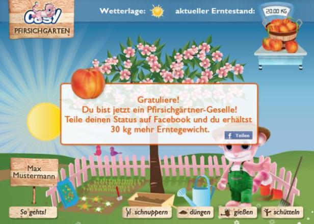 Ein Pfirsichgarten-Spiel mit einem Hasen, der als Gärtner verkleidet ist.