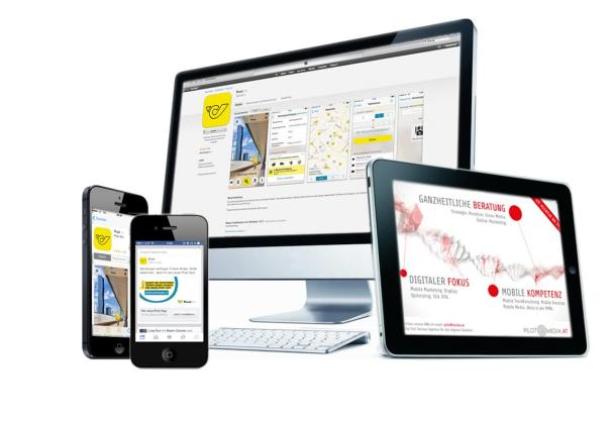 Ein Computer, ein Tablet und zwei Smartphones zeigen die Benutzeroberfläche einer App der Post.