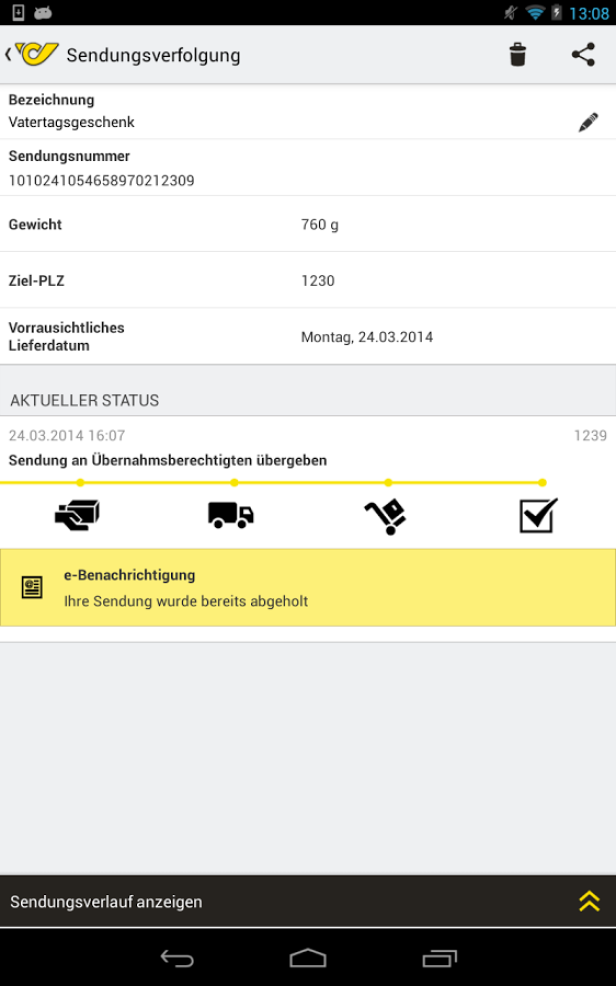 Ein Screenshot der Sendungsverfolgung einer Postsendung, die als „Vatertagsgeschenk“ gekennzeichnet ist.