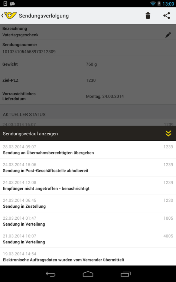 Ein Screenshot der Sendungsverfolgung einer Postsendung, die als „Vatertagsgeschenk“ gekennzeichnet ist.