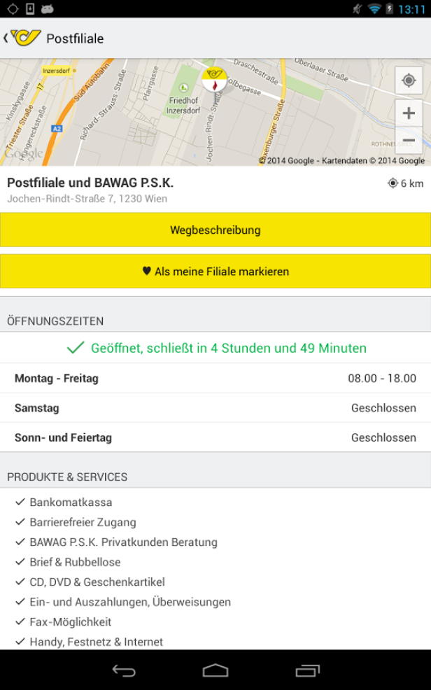 Ein Screenshot der App einer Postfiliale in Wien mit Informationen zu Öffnungszeiten und Services.