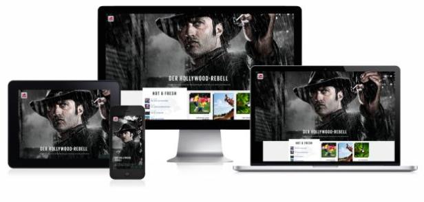 Verschiedene Geräte zeigen ein Bild mit der Aufschrift „Der Hollywood-Rebell“.