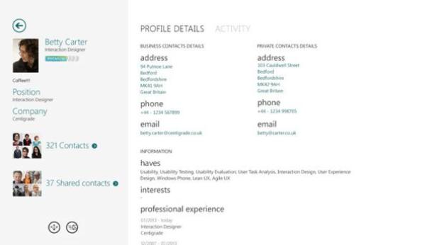 Ein Profil von Betty Carter, Interaction Designerin, mit Kontaktinformationen und Fähigkeiten.