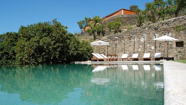 Ein Swimmingpool mit Liegestühlen und Sonnenschirmen vor einer Steinmauer und einem Orangenbaum.