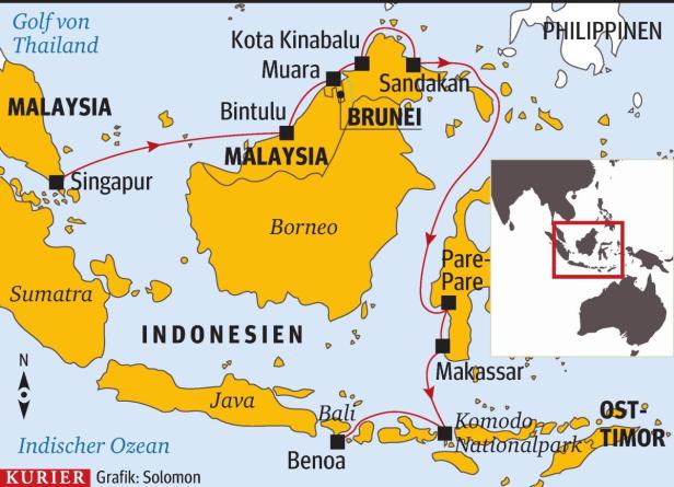 Eine Karte von Malaysia, Indonesien und den Philippinen mit einer Reiseroute.
