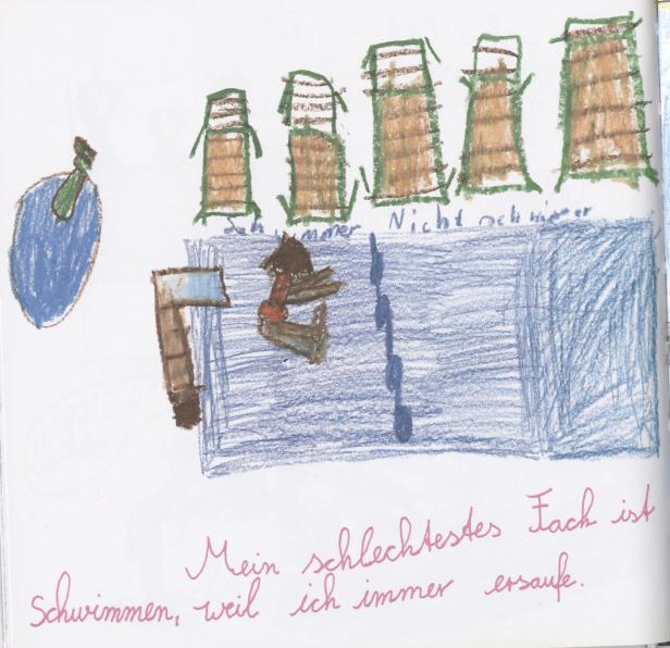 Eine Kinderzeichnung zeigt ein Schwimmbad mit Bademeistern und einem Schwimmer mit Schwimmflügeln.