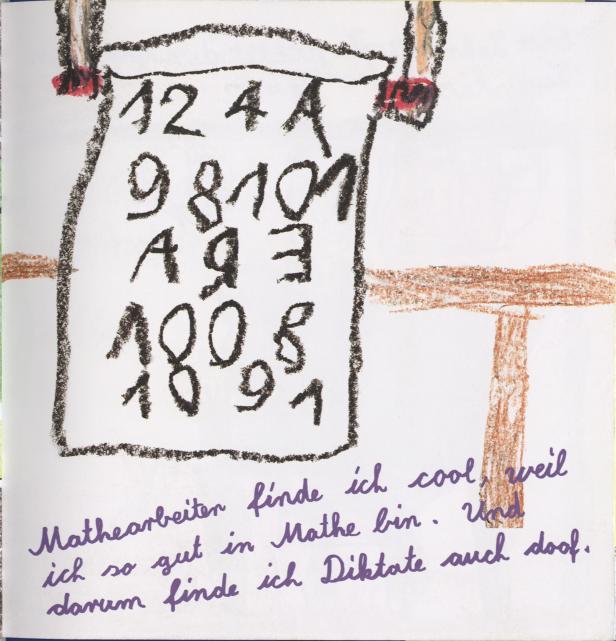 Eine Kinderzeichnung zeigt eine Schriftrolle mit Zahlen und Buchstaben sowie handgeschriebenen Text.